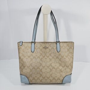Coach Signature Zip Top Tote SV/Light Khaki Pale Blue #29208, Leather Trim